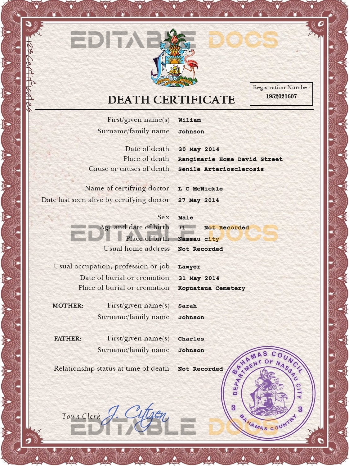 Customizable Bahamas Death Certificate PSD Templates | Instant Download