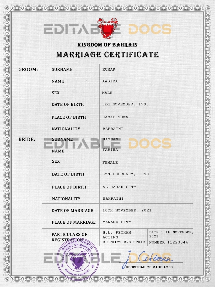 Bahrain Marriage Certificate | Editable PSD Templates
