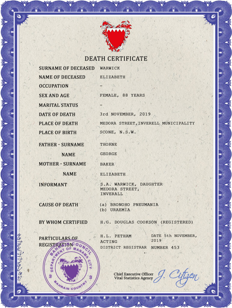 Bahrain death certificate PSD template, completely editable