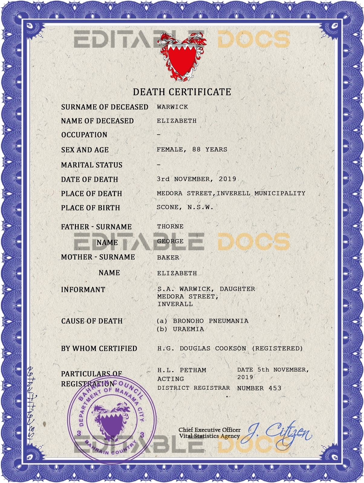 Customizable Bahrain Death Certificate PSD Templates | Instant Download
