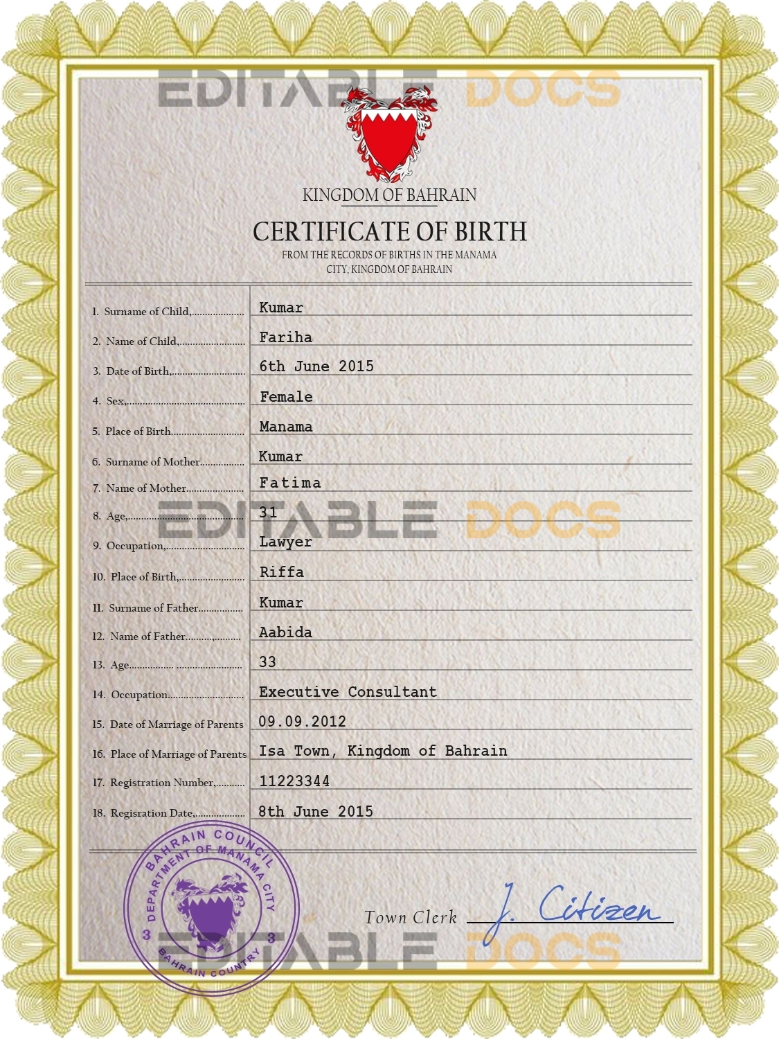 Authentic Bahrain Birth Certificate Template | Customize and Download Online