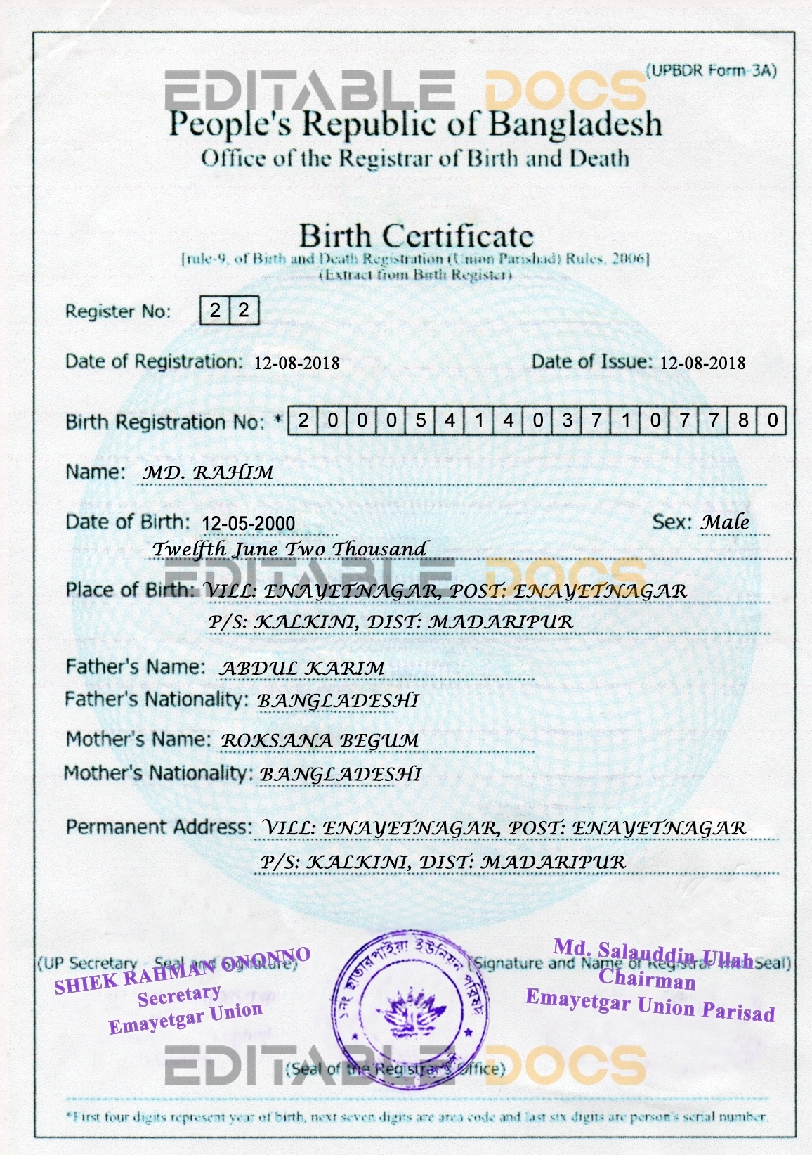 Authentic Bangladesh Birth Certificate Template | Customize and Download Online
