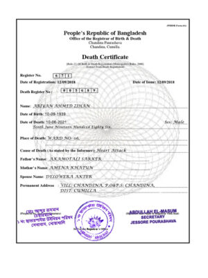 Bangladesh Death certificate template in PSD format, fully editable