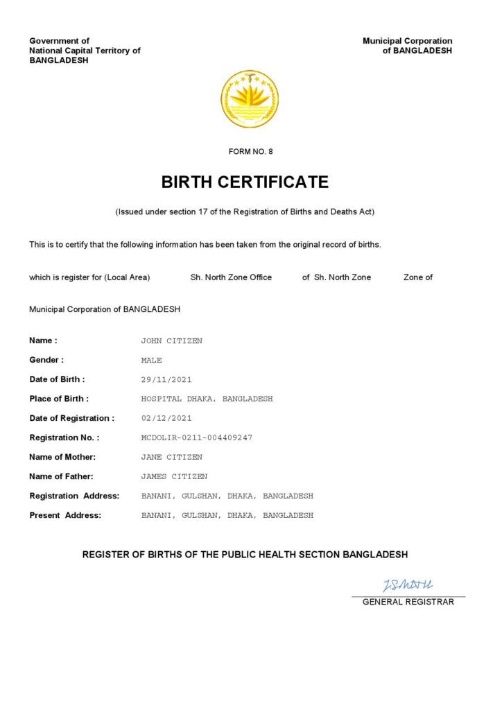 Bangladesh vital record birth certificate Word and PDF template, fully editable