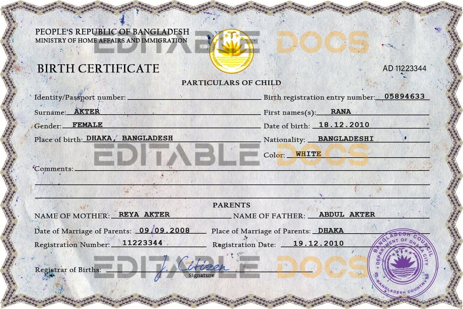 Authentic Bangladesh Birth Certificate Template | Customize and Download Online