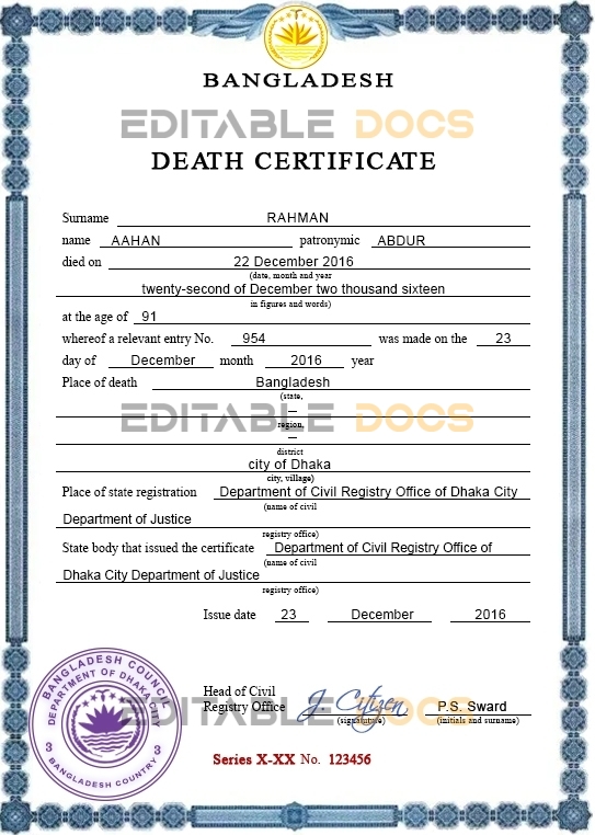 Bangladesh vital record death certificate PSD template, fully editable