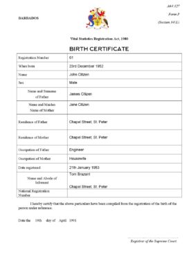 Barbados birth certificate template in Word and PDF format