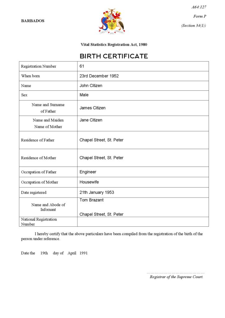 Barbados birth certificate template in Word and PDF format