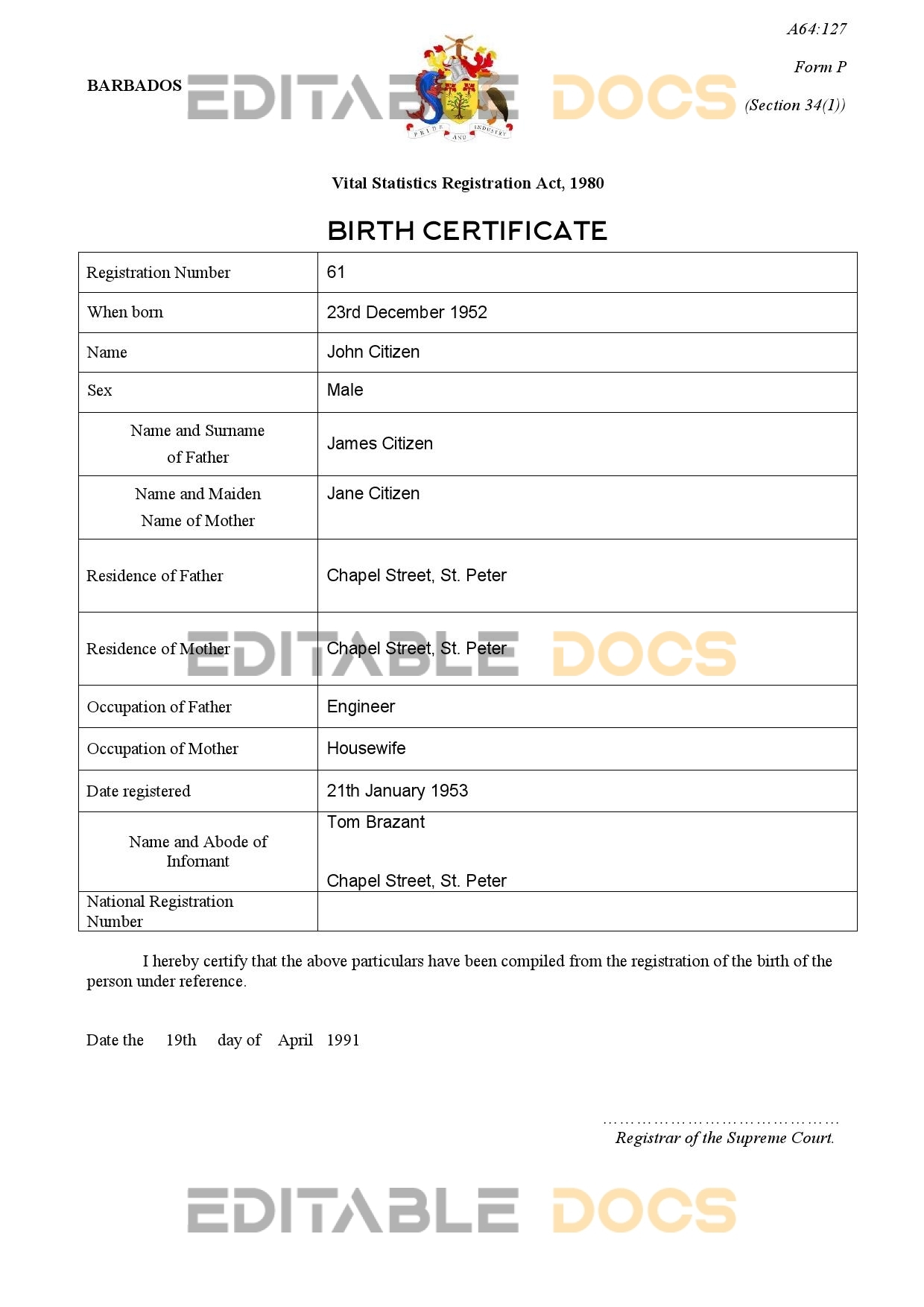 Authentic Barbados Birth Certificate Template | Customize and Download Online