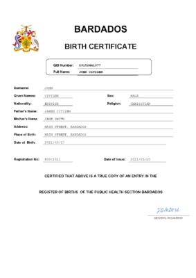 Barbados birth certificate Word and PDF template, completely editable