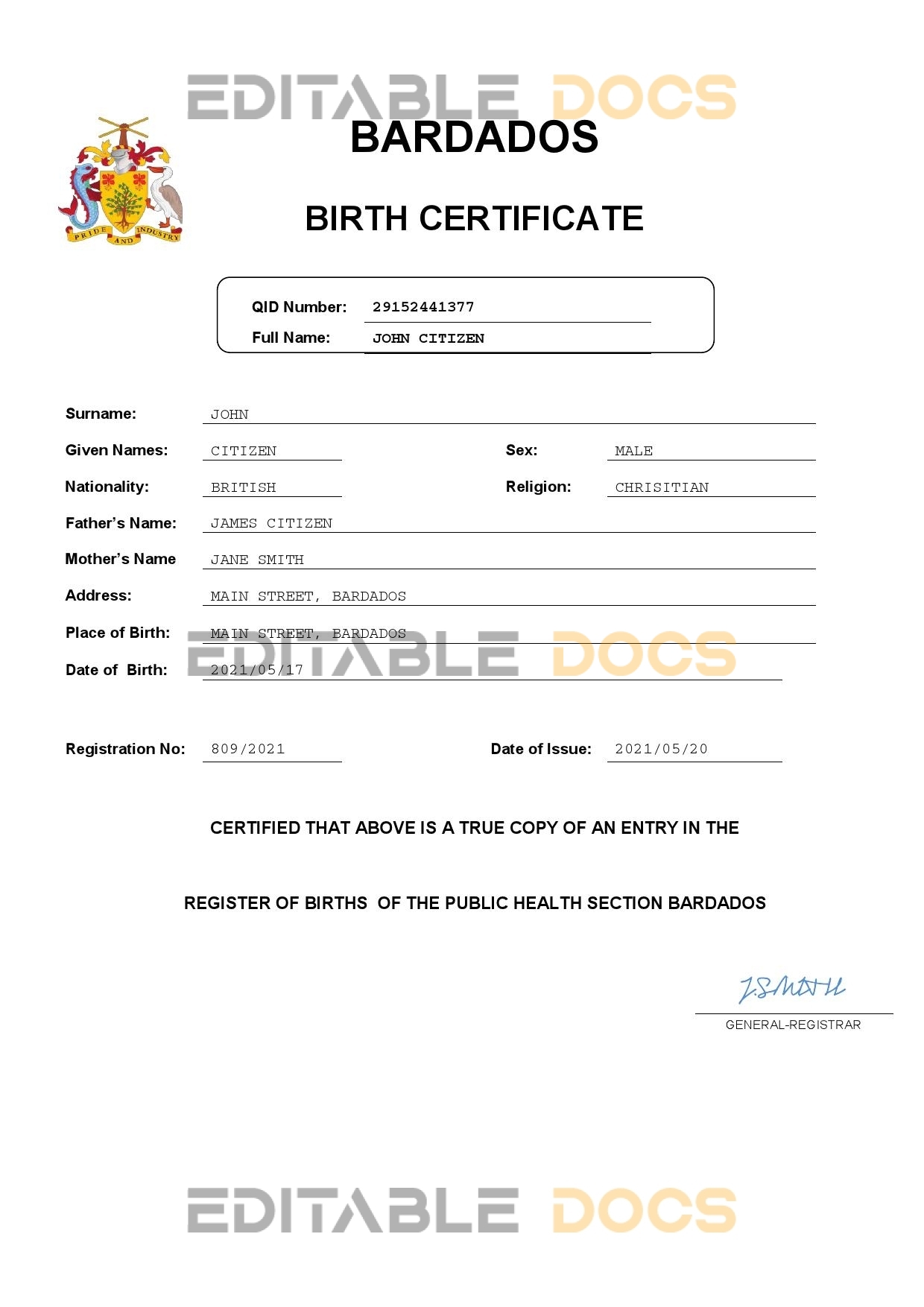Authentic Barbados Birth Certificate Template | Customize and Download Online
