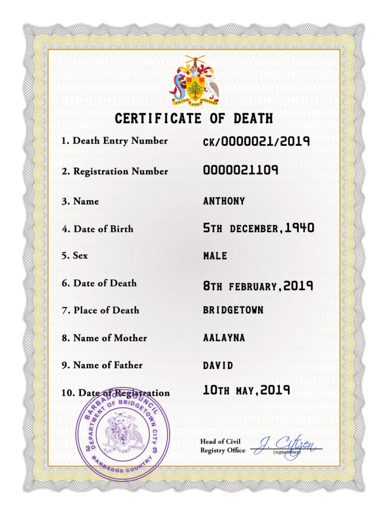 Barbados death certificate PSD template, completely editable