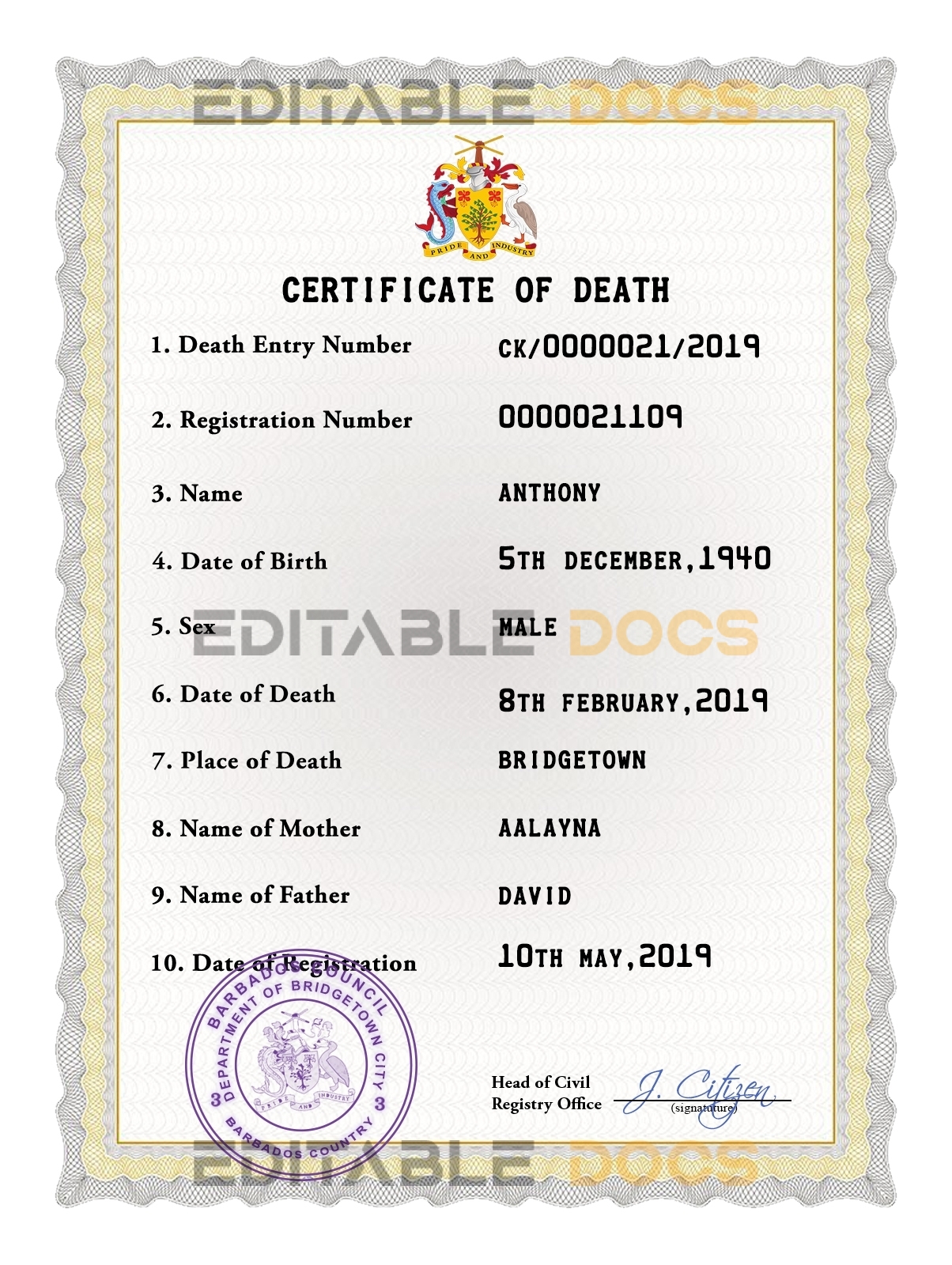 Customizable Barbados Death Certificate PSD Templates | Instant Download
