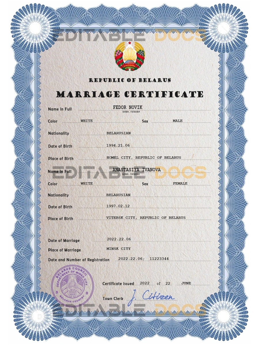 Belarus Marriage Certificate | Editable PSD Templates