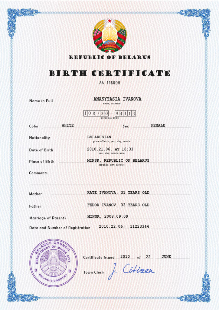 Authentic Belarus Birth Certificate Template | Customize and Download Online