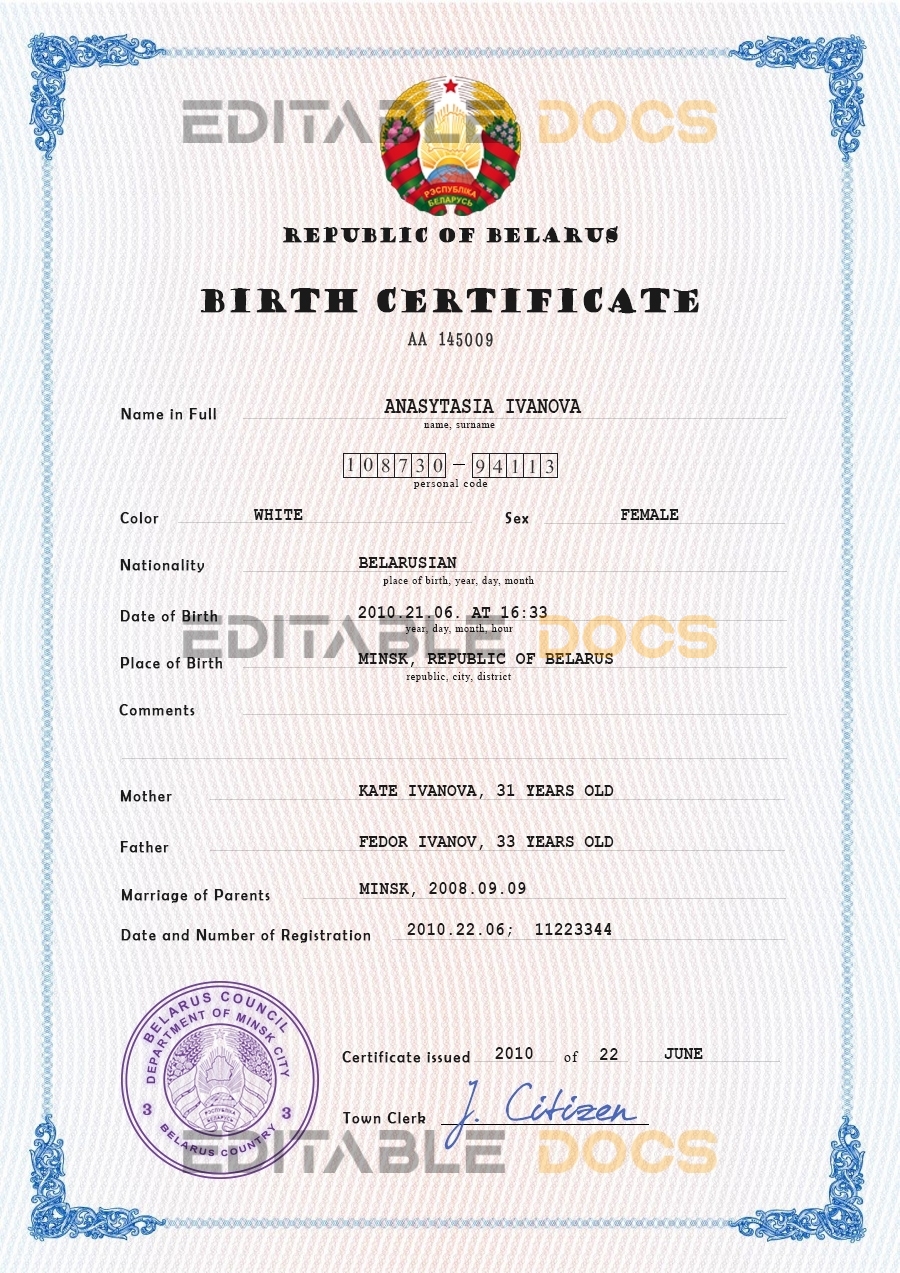 Authentic Belarus Birth Certificate Template | Customize and Download Online