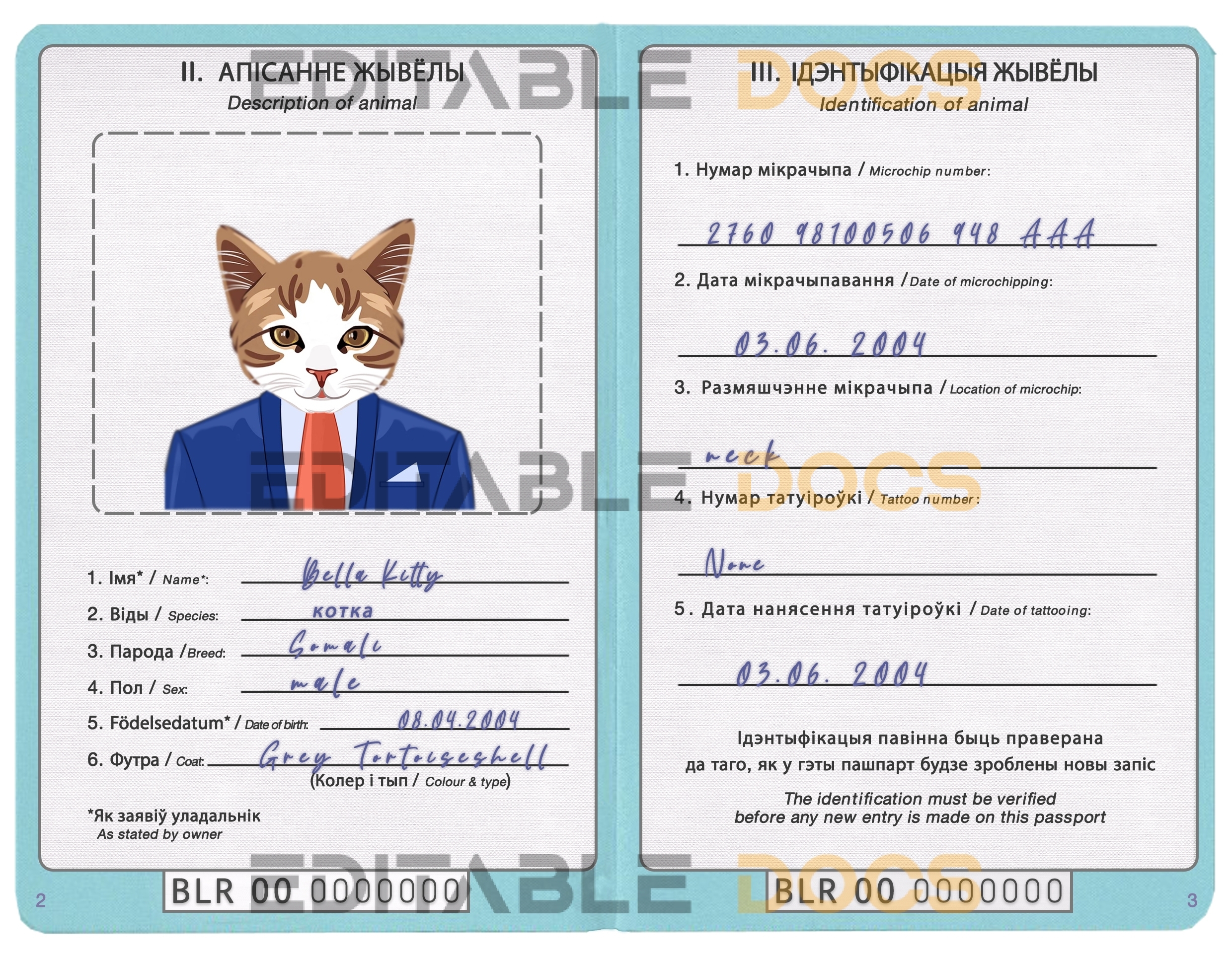 Belarus cat Fake PSD Passport | Instant Download
