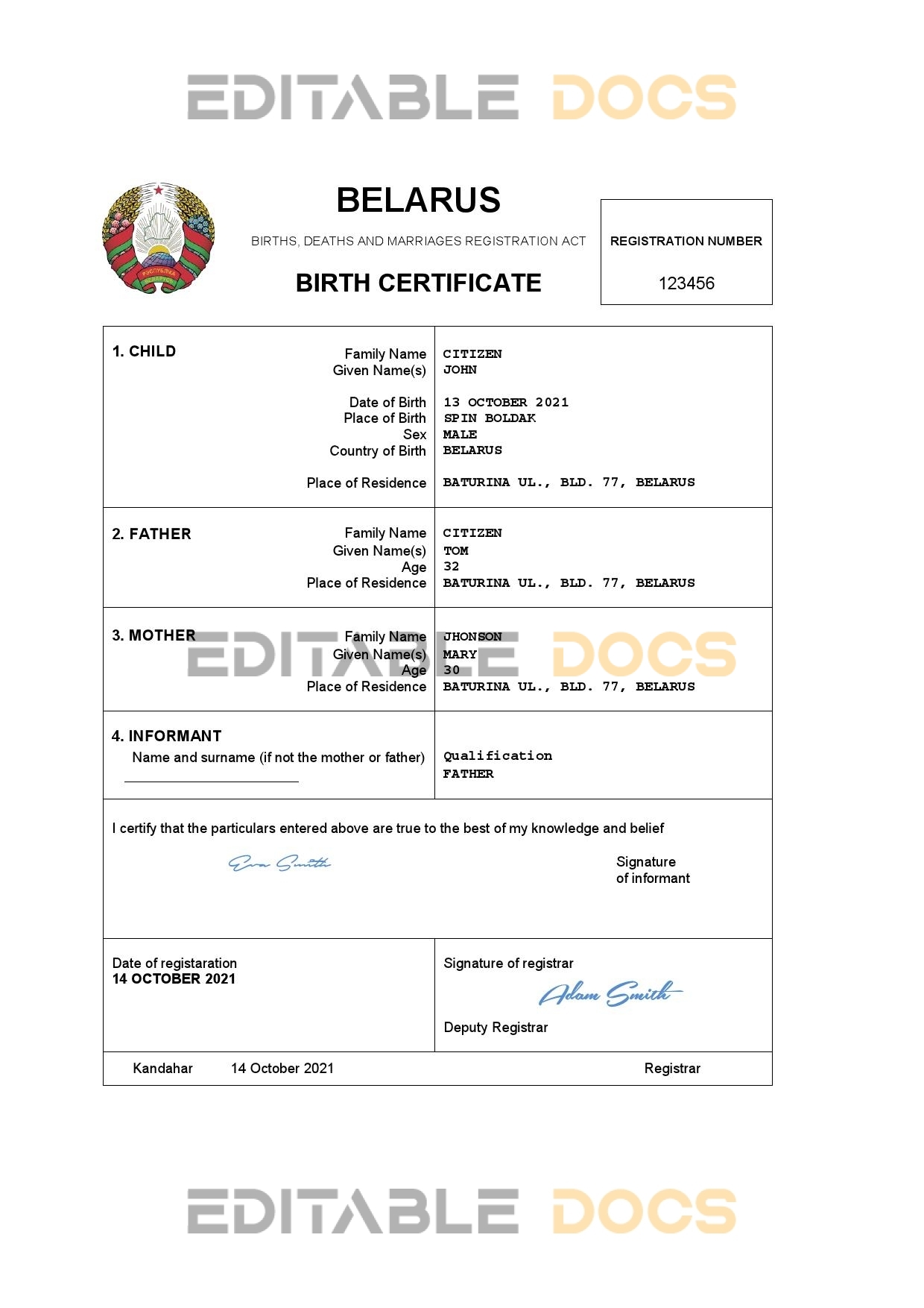 Authentic Belarus Birth Certificate Template | Customize and Download Online