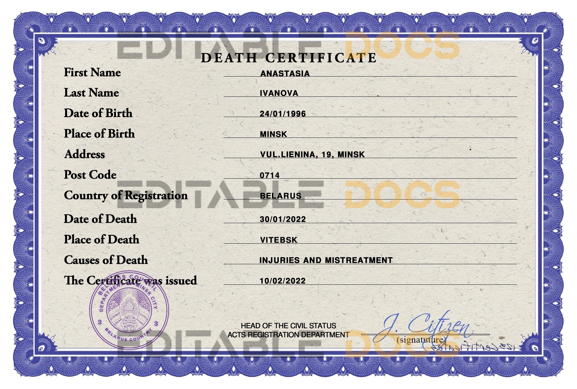 Customizable Belarus Death Certificate PSD Templates | Instant Download
