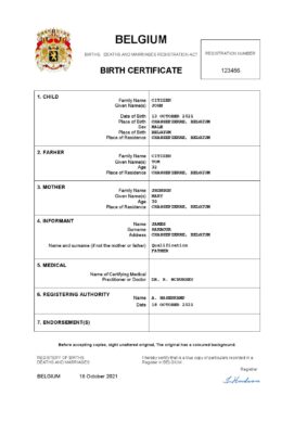 Belgium vital record birth certificate Word and PDF template