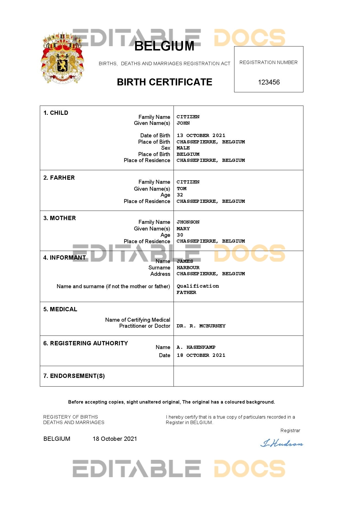 Authentic Belgium Birth Certificate Template | Customize and Download Online