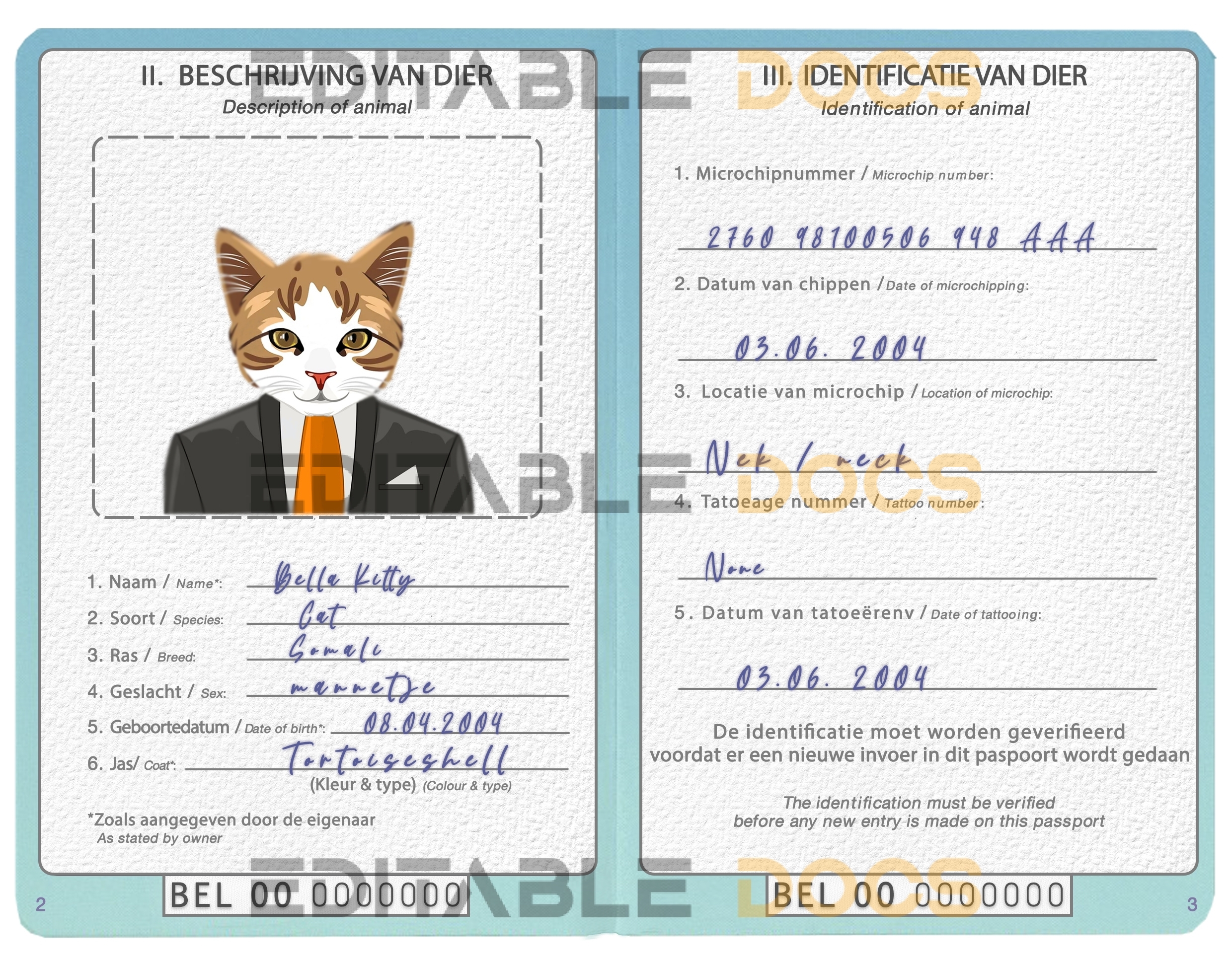 Belgium cat Fake PSD Passport | Instant Download