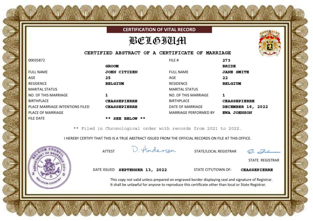 Belgium Marriage Certificate | Editable PDF Templates