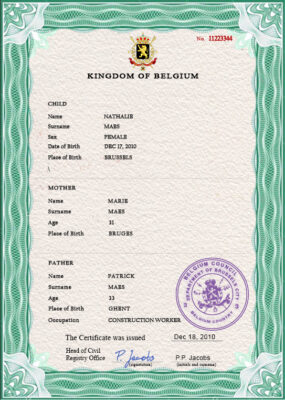 Belgium vital record birth certificate PSD template, fully editable