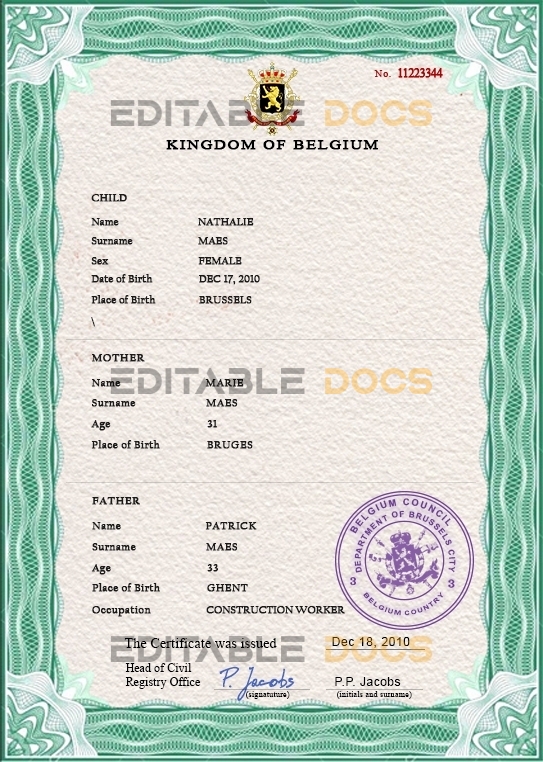 Belgium vital record birth certificate PSD template, fully editable