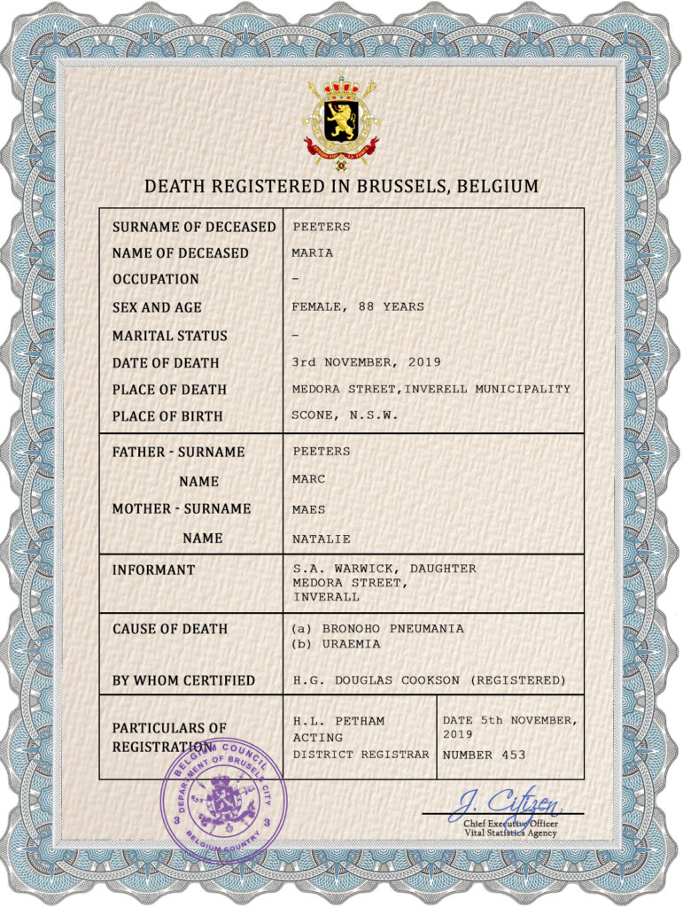 Belgium vital record death certificate PSD template