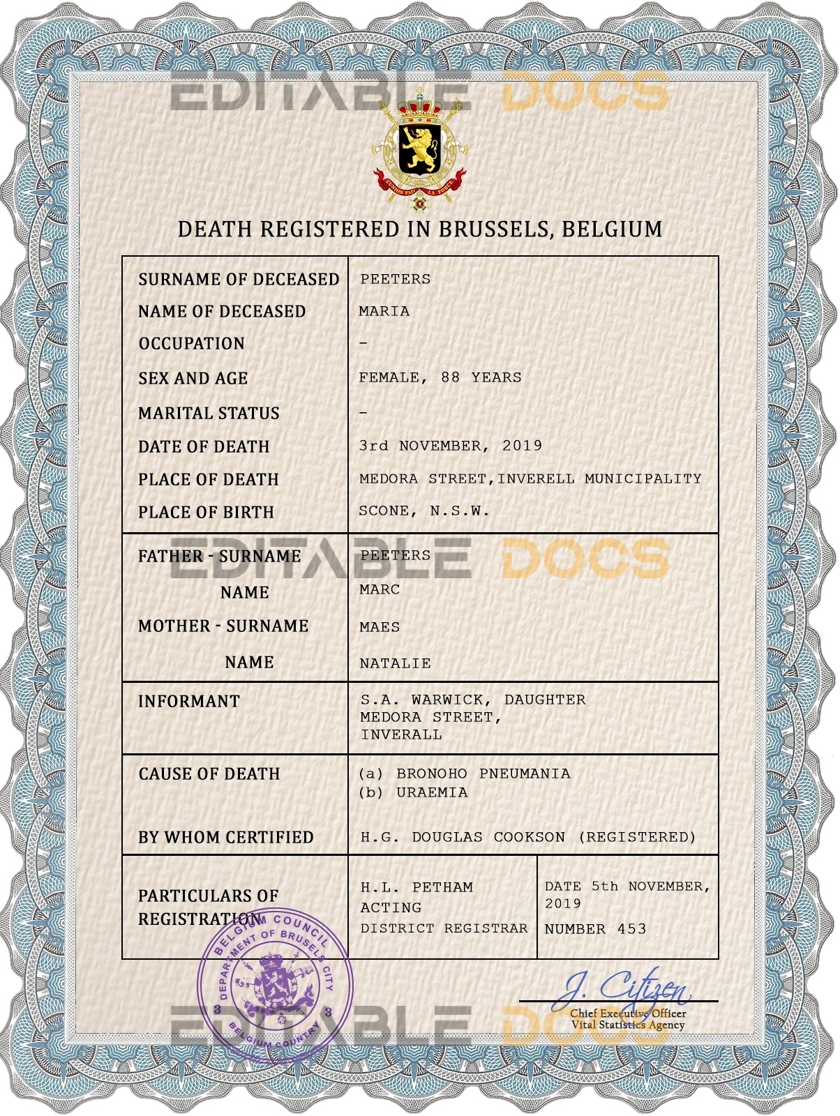 Customizable Belgium Death Certificate PSD Templates | Instant Download