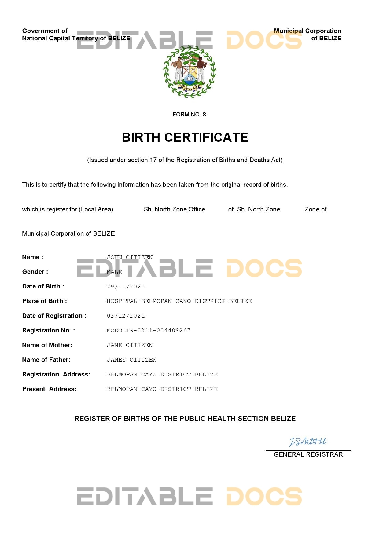 Authentic Belize Birth Certificate Template | Customize and Download Online