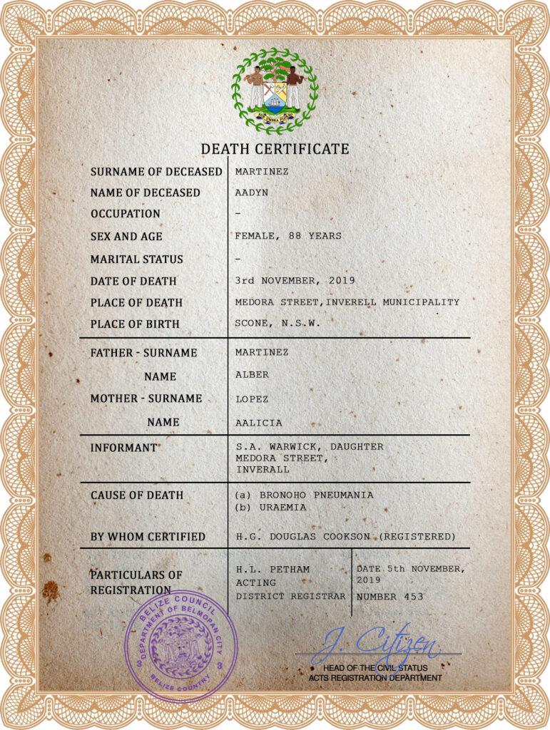 Belize death certificate PSD template, completely editable