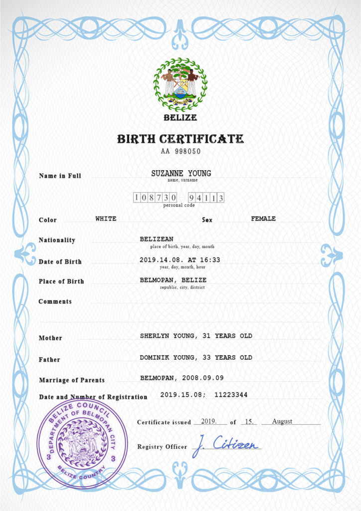 Belize vital record birth certificate PSD template