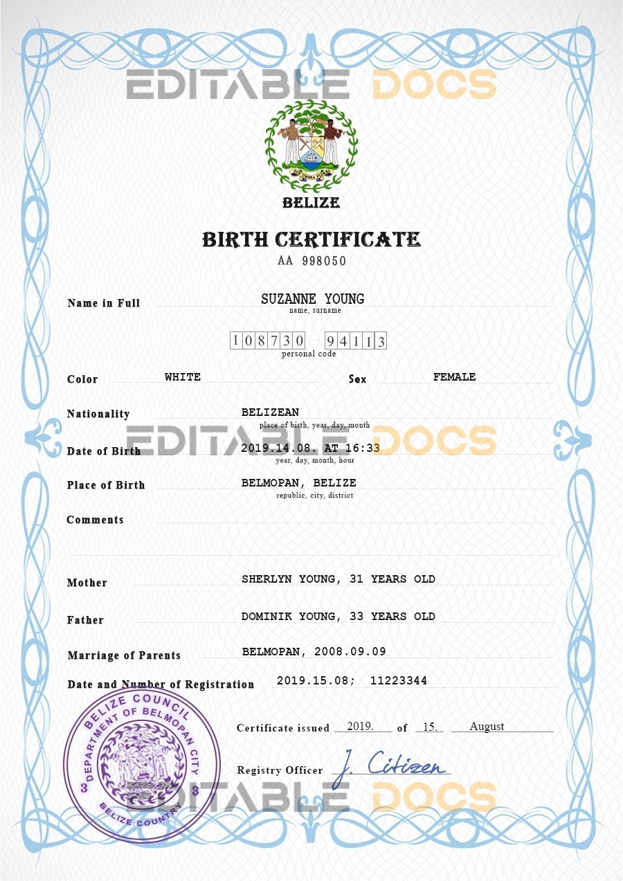 Authentic Belize Birth Certificate Template | Customize and Download Online