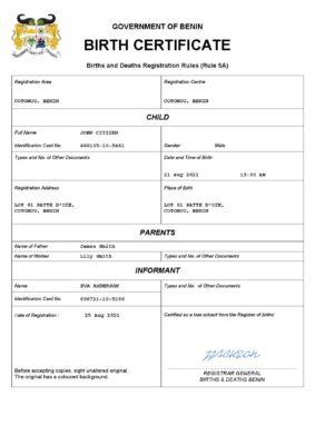 Authentic Benin Birth Certificate Template Customize and Download Online