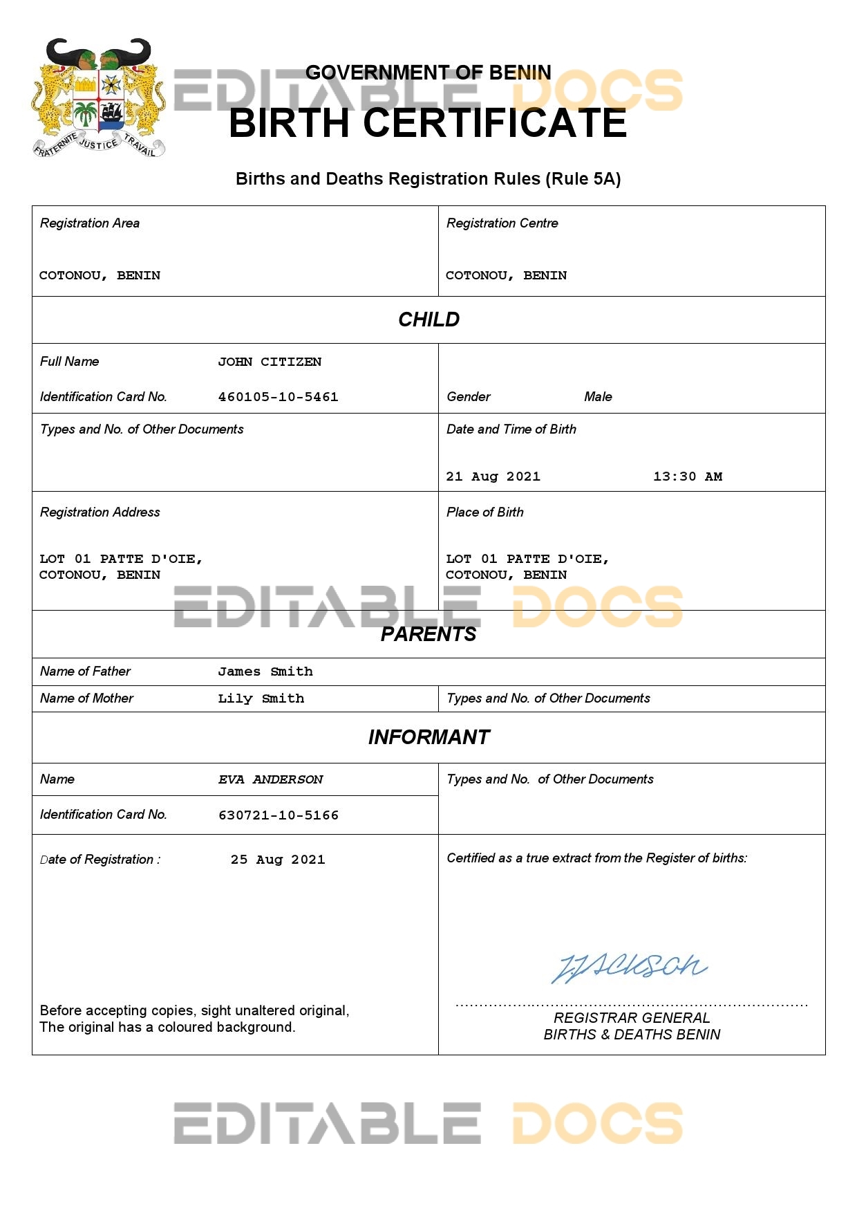 Authentic Benin Birth Certificate Template | Customize and Download Online