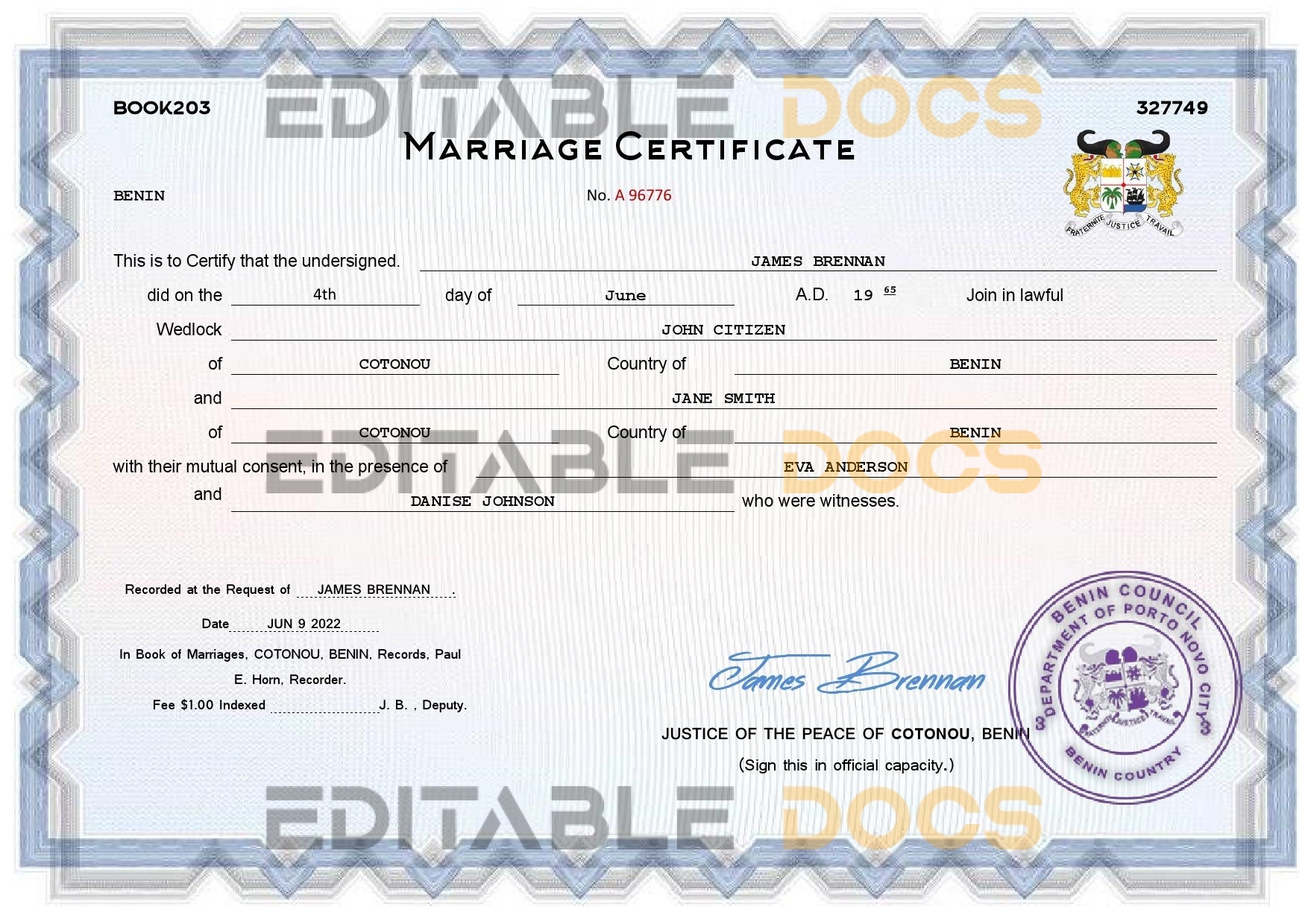 Benin Marriage Certificate | Editable PDF Templates