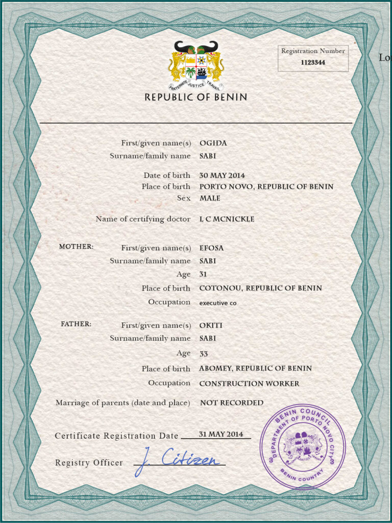 Benin vital record birth certificate PSD template, completely editable