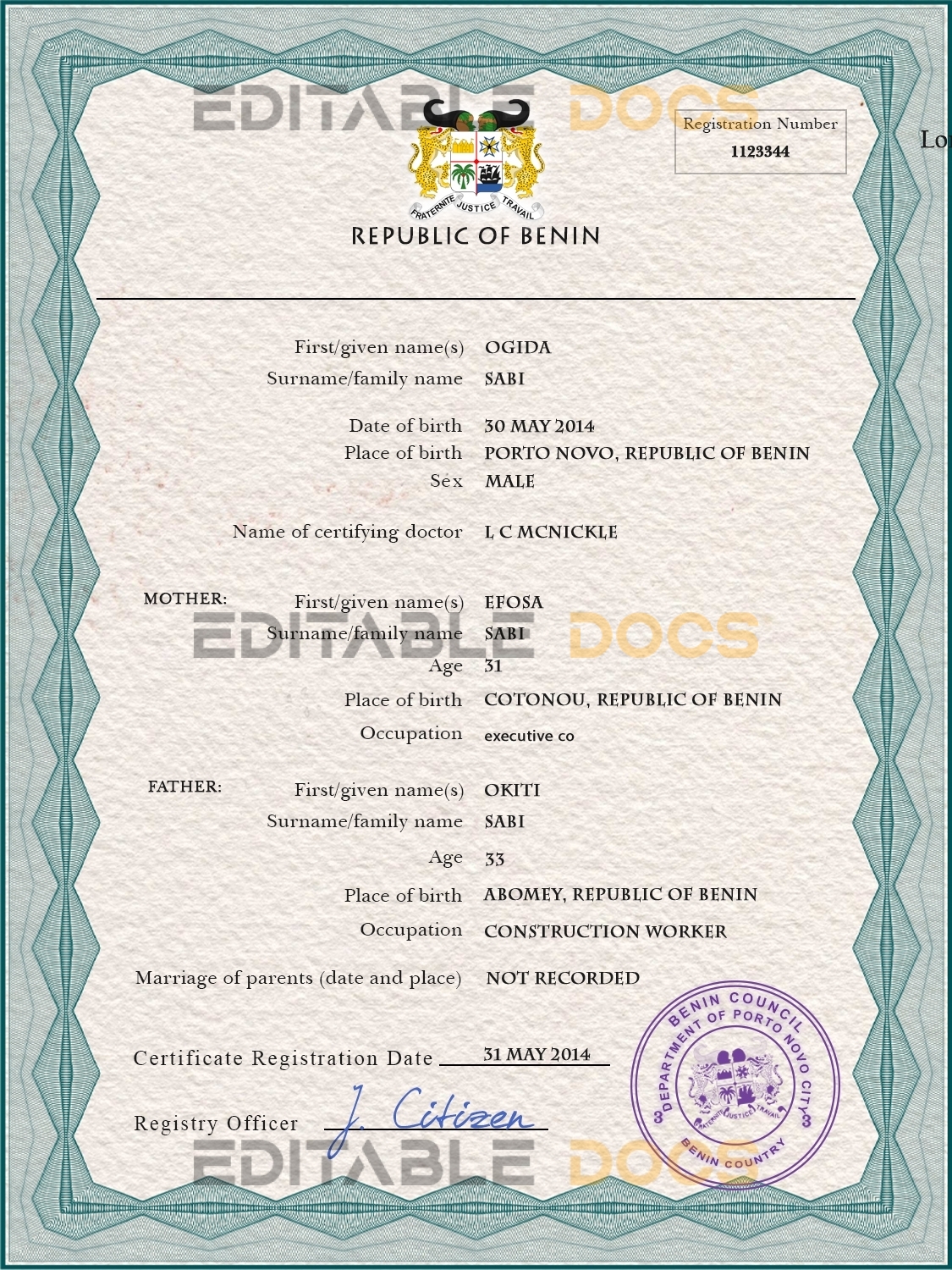Authentic Benin Birth Certificate Template | Customize and Download Online