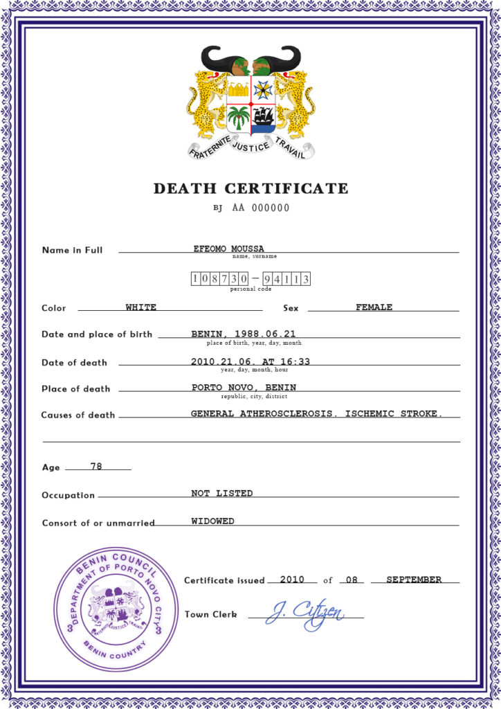 Benin vital record death certificate PSD template, fully editable