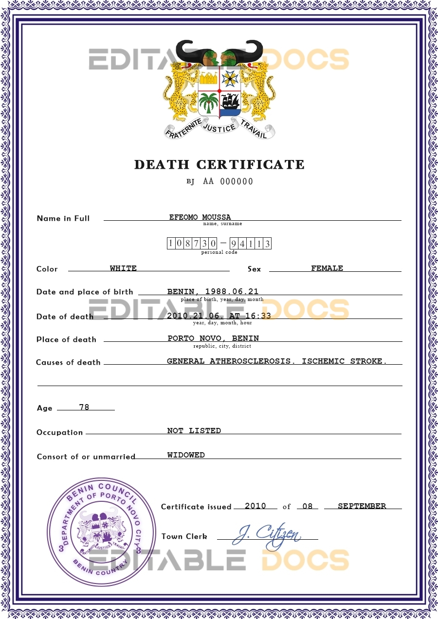 Customizable Benin Death Certificate PSD Templates | Instant Download