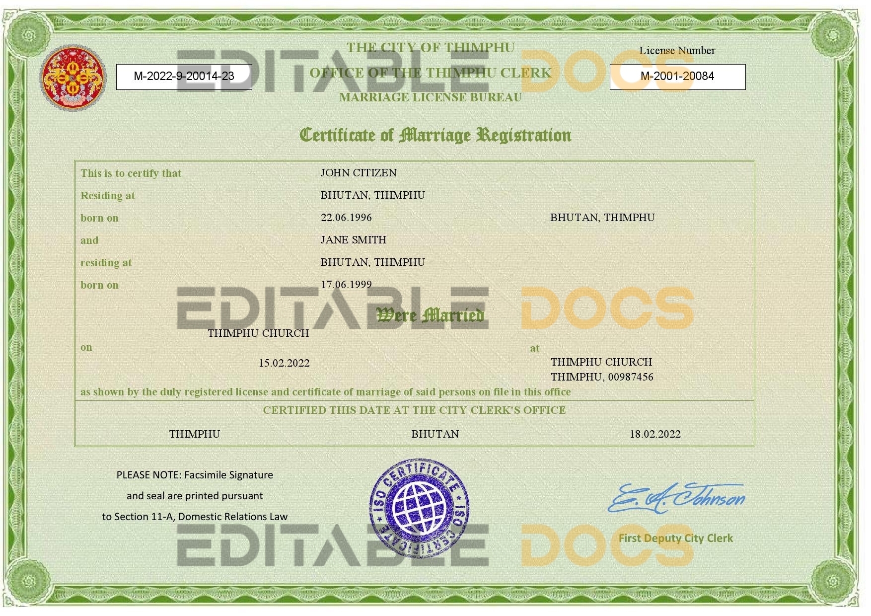 Bhutan Marriage Certificate | Editable PDF Templates