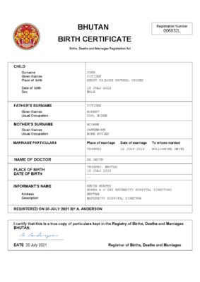 Bhutan vital record birth certificate Word and PDF template, completely editable