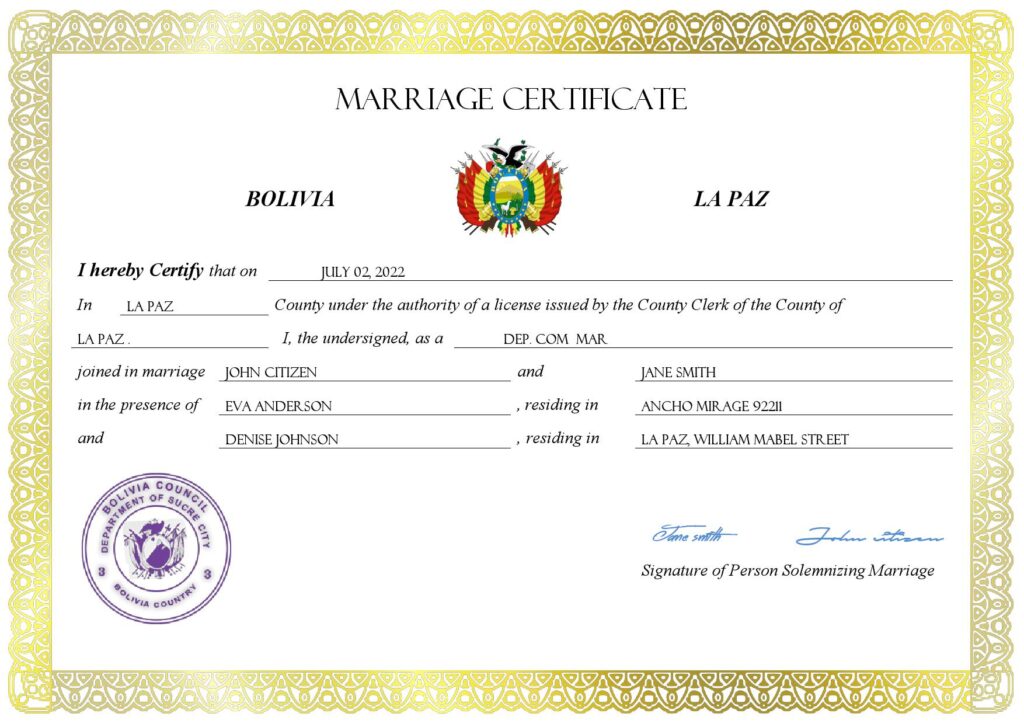 Bolivia Marriage Certificate | Editable PDF Templates