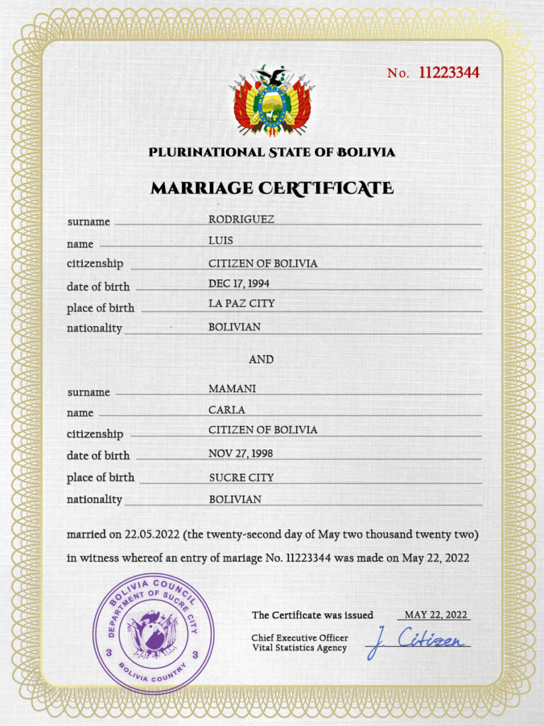Bolivia Marriage Certificate Editable PSD Templates