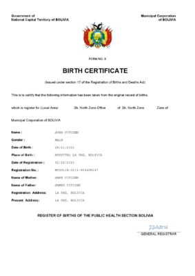 Bolivia vital record birth certificate Word and PDF template