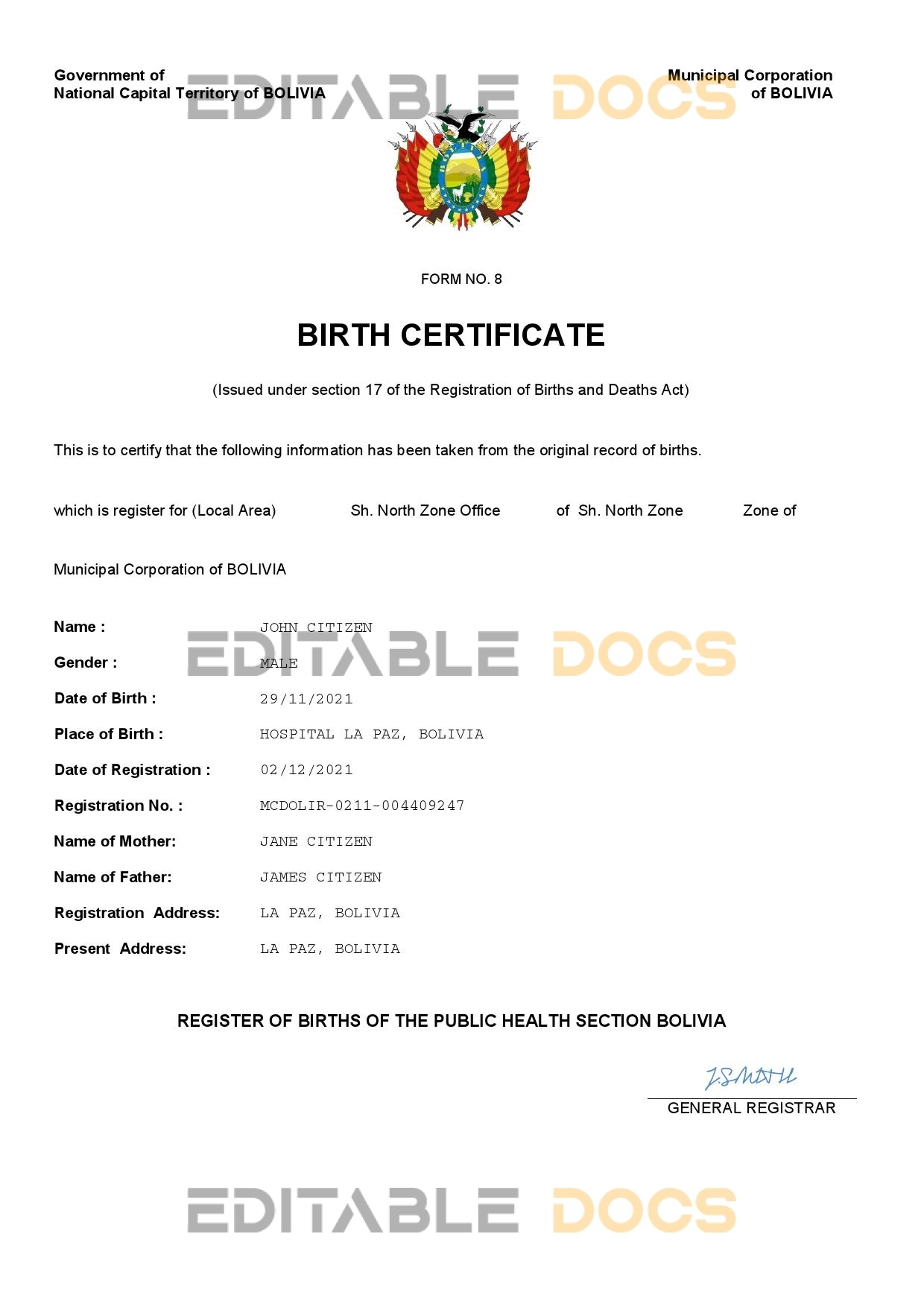 Authentic Bolivia Birth Certificate Template | Customize and Download Online