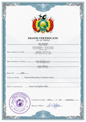 Bolivia death certificate PSD template, completely editable