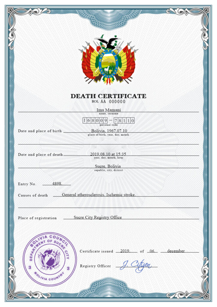 Bolivia death certificate PSD template, completely editable